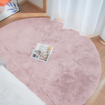 Pink Boho Faux Rabbit Fluffy Fur Rugs for Bedroom Shag Circle Washable Area Rugs for Living Room Nursery Round Rug 4ft