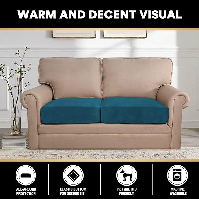 PrinceDeco Stretch Velvet Couch Cushion Covers, Soft Cushion Slipcover for Chair Loveseat Sofa Cushion Furniture Protector Seat Cushion Sofa Cover(Each Width Up to 29.5" Deep Teal)