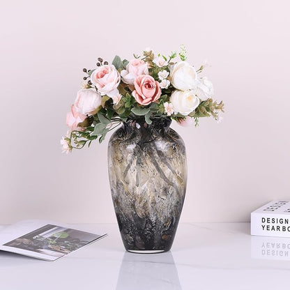 Abstract Art Hand Blown Glass Vase, Black Smoke Glass Vase for Flowers, Elegant Wide Mouth Glass Vase for Centerpieces, Vintage Glass Farmhouse Vase, Unique Modern Vase Decor for Home