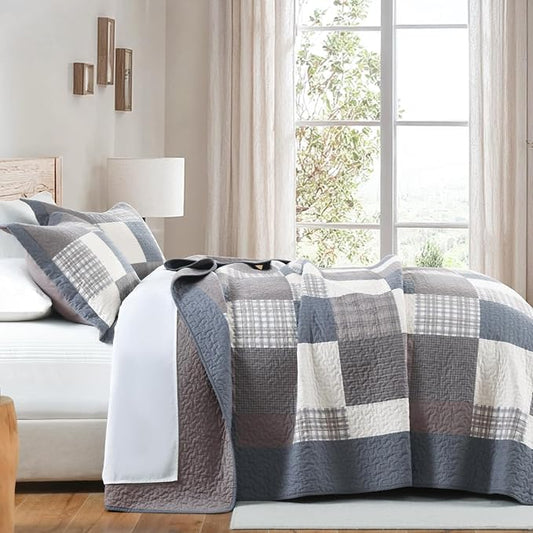 100% Cotton Quilts Queen Size, Queen Quilt Bedding Set Bedspread, Patchwork Plaid Quilt for Queen Bed, 3 Pieces Farmhouse Reversible Lightweight Comforter Bed Spread, Gray/Brown/Beige