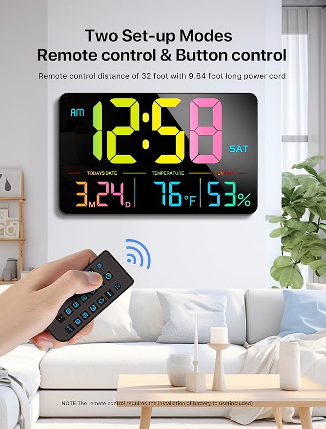 MASHI Digital Clock, 13" Large Display Digital Wall Clock, Adjustable Brightness Calendar Clock with Day and Date,DST,Alarms,Humidity,Temperature for Desk,Wall Mounted (Black Case Color Light)