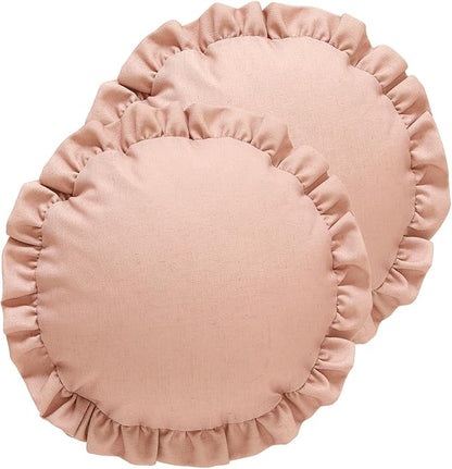 ISAENNE 2 Pcs Classic Pink Round Throw Pillow Cover Diameter 16", Solid Color Cottage Linen Cotton Decor Pillow Cover with Ruffles, Sturdy Throw Pillow Case for Couch Sofa Bed Living Room