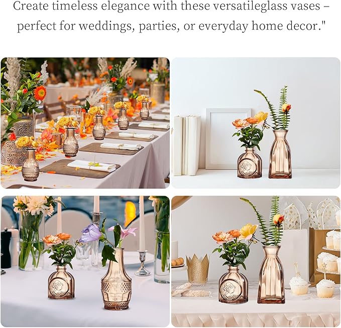 Glass Bud Vases Set of 32 - Amber Assorted Small Mini Glass Vases for Flowers, Crystal Vintage Vase Set, Bulk Centerpieces for Table Décor, Wedding, Home and Events (Amber, 32 Pcs)