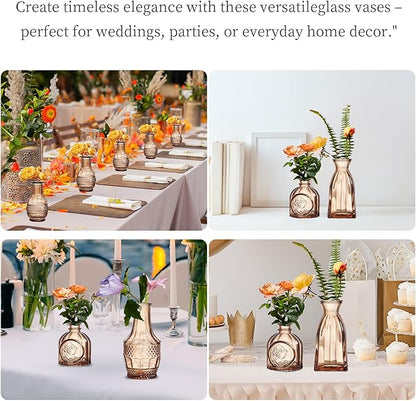 Glass Bud Vases Set of 32 - Amber Assorted Small Mini Glass Vases for Flowers, Crystal Vintage Vase Set, Bulk Centerpieces for Table Décor, Wedding, Home and Events (Amber, 32 Pcs)