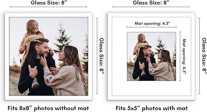 Americanflat 8x8 Picture Frame with Shatter-Resistant Glass - Use as 5x5 Frame with Mat or Display 8x8 Photo Without Mat - Streamline Collection - Square Frames for Tabletop or Wall - White