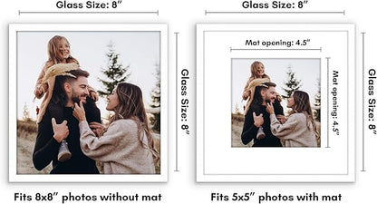 Americanflat 8x8 Picture Frame with Shatter-Resistant Glass - Use as 5x5 Frame with Mat or Display 8x8 Photo Without Mat - Streamline Collection - Square Frames for Tabletop or Wall - White