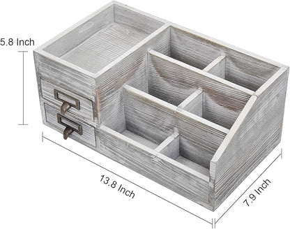 Distressed Rustic Wooden Office Desktop Organizer Wood Shelf Tabletop Home Organizer Storage with Multiple Compartments 2 Tier Drawers,perfect Jewelry storage Display Box for Desk, Vanity (gray)