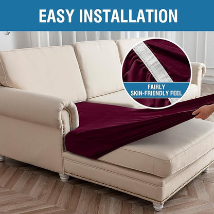 Couch Cover 6-Piece Elastic Velvet Couch Cushion Covers & Chaise Slipcovers for L-Shaped Sofas, Sofa Seat Covers Washable, Soft Cover for Couches (5 Seater + Chaise, Wine)