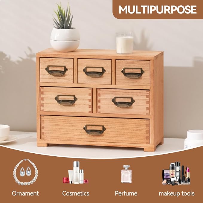KIRIGEN Desk Drawer Cabinet Storage Organizer 6 Drawers Mini Chest with Lable Holder Handles for Home Office Desktop Organizer and Storage Natural(3D6CG-NA)