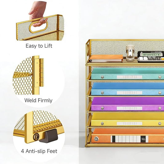 6 Tiers Letter Tray Paper Organizer with Handle, Mesh Desk File Organizer, Metal Desktop Document Shelf Organization, Paper Sorter Organizer for Office, Home or School File Folder Holder (Gold)