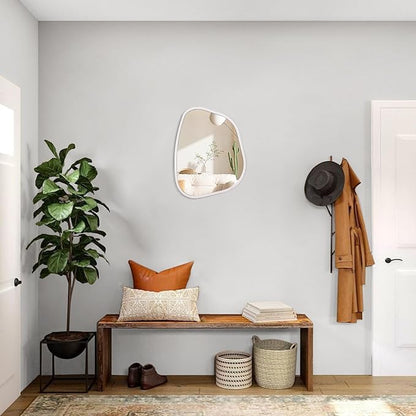 White Irregular Bathroom Mirror Modern Oval Wall Mirror Asymmetrical Wooden Framed Wall Mirror Unique Shape Wall Mounted Vanity Artistic Mirror Decor for Living Room Bedroom Entryway Small 14"x10"