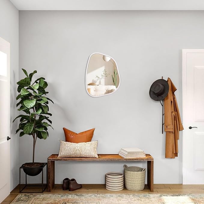 Irregular Wall Mirror Asymmetrical White Mirror Modern Wood Frame Unique Shape Wall Mounted Vanity Artistic Mirror Decor for Living Room Bedroom Bathroom Entryway Hallway Large 16"x12"