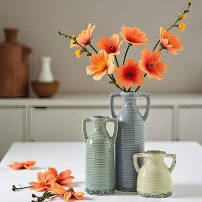 Ceramic Vase Set of 3 - Farmhouse Vase Set for Modern Decoration, Rustic Crackle Round Vases for Home Decor, Dining Table, Living Room, Kitchen, Office, Shelf - Multicolor