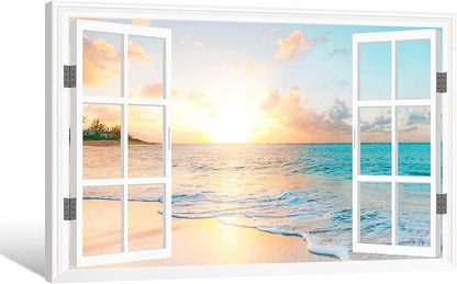 Goldfoilart Ocean Beach Sunset Canvas Wall Art for Bedroom Window Pictures Seagull Seascape Paintings Coastal Picture Framed Artwork for Bathroom Living Room Office Decor 36" x 24"