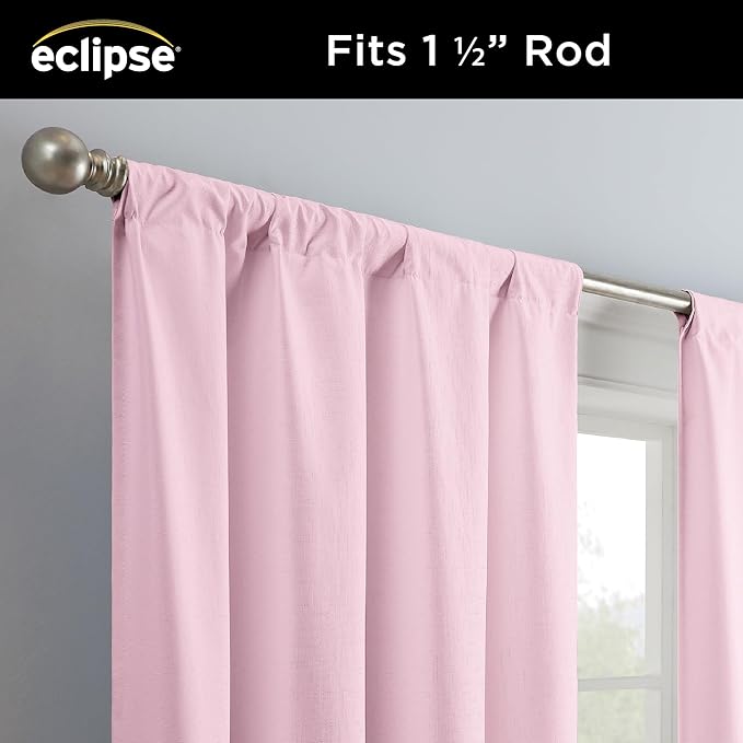 Eclipse Kendall Modern Blackout Thermal Rod Pocket Window Curtain, Insulating & Noise Reducing Curtains for Bedroom or Living Room (1 Panel), 63 in Long x 42 in Wide, Soft Pink