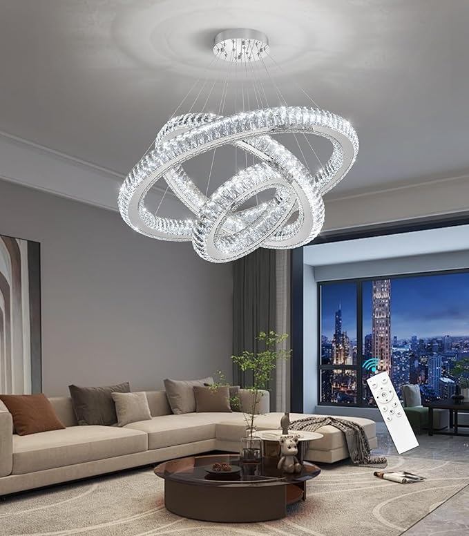 3 Rings Chandelier Modern Dimmable High Ceiling Large Ring Chanderliers Entryway Crystal Pendant Lights for Entryway Foyer Living Room Silver Light