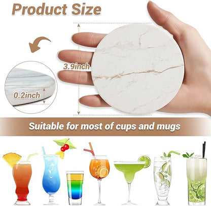 Acejoz Drink Coasters with Holder for Coffee Table, Absorbent Coasters Set of 6, Marble Style Ceramic Coaster for Wooden Table, Suitable for Kinds of Cups, Home Decor, 4 Inches(White)