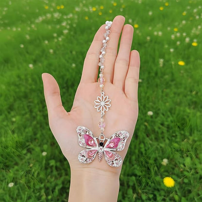 Rear View Mirror Accessories Car Charm - Pink Crystal Butterfly Hanging Ornament, Sun Catcher Window Pendant for Car Interior Decoration, Christmas Birthday Gifts for Mom Aunt