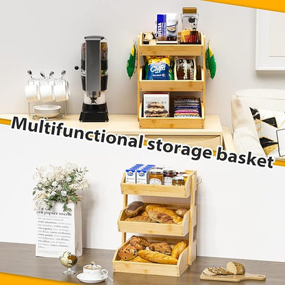 Bamboo Fruit Basket for Kitchen – 3 Tier Fruit Bowl For Kitchen Counter, Large Fruit Holder With 2 Banana Hangers, Idea For Fruit and Vegetable Storage, Bread Basket, Snack Organizer(Bamboo)