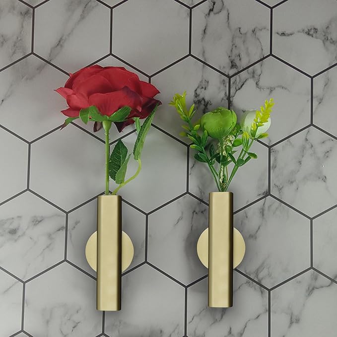 7" Wall-Mounted Flower Tube, Top/Bottom Open Vase, Wall Metal Flower Tube Decoration Holder for Flower Display, Home Office Living Room Bedroom Decoration with Adhesive Material, 2pcs(Gold)
