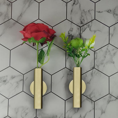 7" Wall-Mounted Flower Tube, Top/Bottom Open Vase, Wall Metal Flower Tube Decoration Holder for Flower Display, Home Office Living Room Bedroom Decoration with Adhesive Material, 2pcs(Gold)