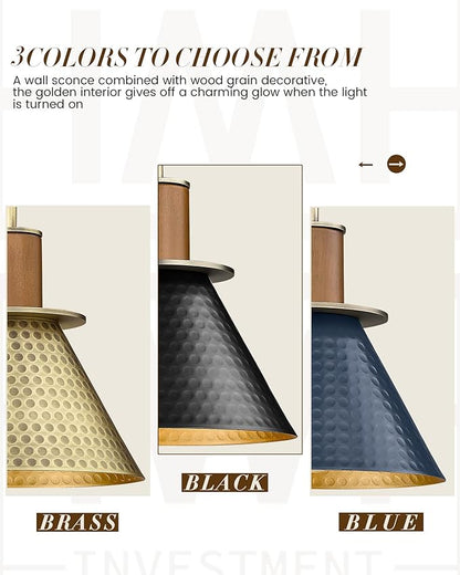 Black Wall Sconce, HWH Industrial Indoor Sconce Light Fixture, Single Wall Vanity Light Black Barn Wall Lamp with Hammered Metal Shade, Black and Gold Finish, 5HZG74B BK+BG