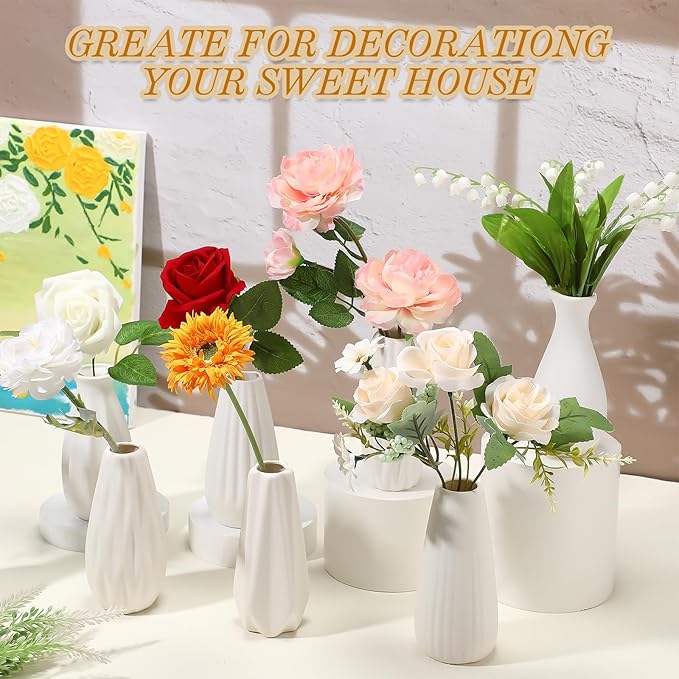 Yaomiao 16 Set White Ceramic Bud Vase Bulk 5 Inch Boho Small Pampas Grass Flower Vase for Wedding Table Centerpieces Decoration Boho Home Decor DIY Gift, 8 Styles (Classic)