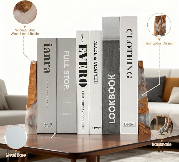 Resin Bookends Large Heavy Duty Bookends for Shelves, Unique Burl Wood Figure Book Ends for Study Office, Fancy Modern Decorative Book Supports for Bookshelf Organization (Pearlescent White)