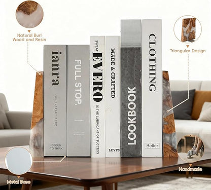 Resin Bookends Large Heavy Duty Bookends for Shelves, Unique Burl Wood Figure Book Ends for Study Office, Fancy Modern Decorative Book Supports for Bookshelf Organization (Pearlescent White)