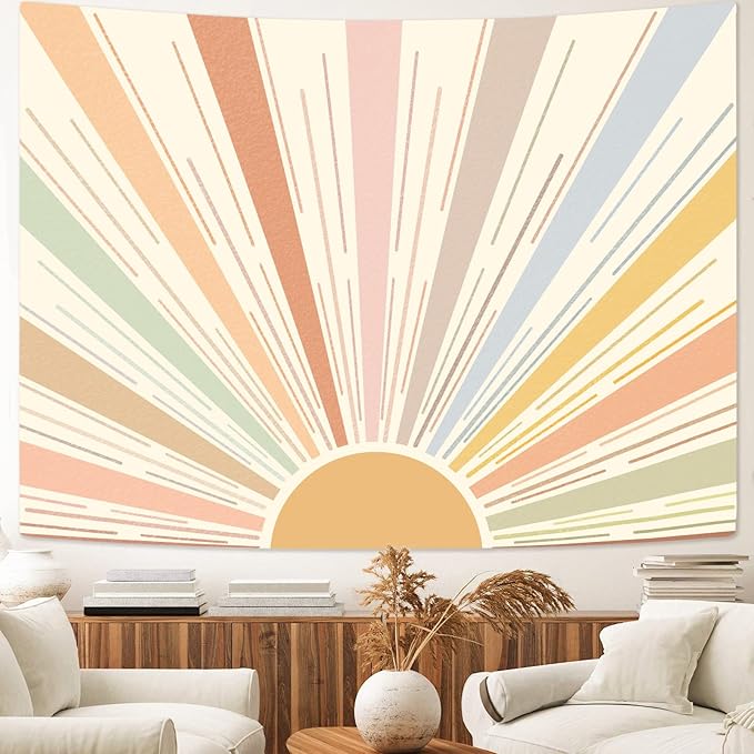 Kanuyee Boho Sun Tapestry Wall Hanging, Retro 70s Abstract Striped Aesthetic Sunrise Vintage Tapestries for Bedroom Living Room 44×60 inch