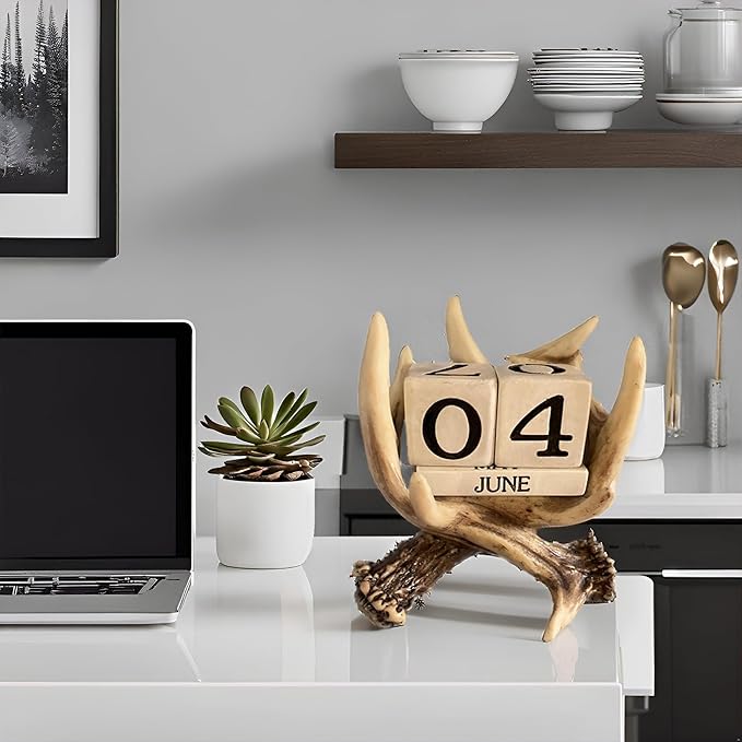 Pine Ridge Deer Antler Desk Calendar Blocks - Perpetual Calendar, Flip Month And Day Date Blocks, Rustic Calendars For Home, Office, Classroom And Décor