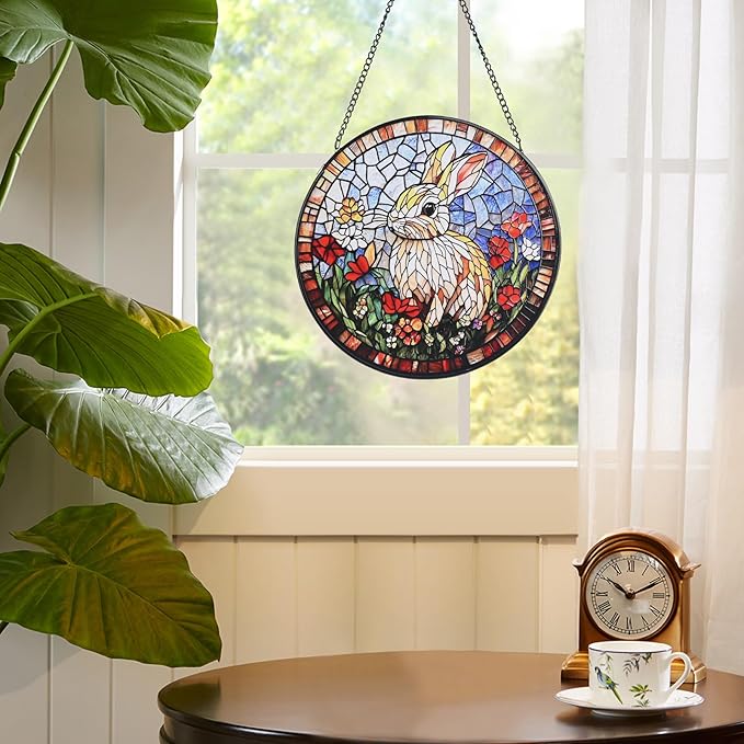 Rabbit Stained Glass Window Hanging, 7.8" Round Sun Catcher Hand Painted Wall Art Decor with Chain, Unique Housewarming Gifts for Couples, Home