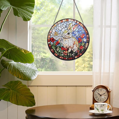 Rabbit Stained Glass Window Hanging, 7.8" Round Sun Catcher Hand Painted Wall Art Decor with Chain, Unique Housewarming Gifts for Couples, Home