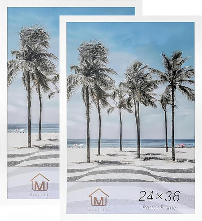Muzilife 24×36" White Poster Frame 2 Pack, Engineered Wood Movie Poster Photo Frames for Horizontal or Vertical, Poster Picture Frames with HD Plexiglass Cover and Hanging Hardware, Large
