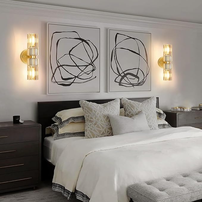 Gold Wall Sconce, Modern Bathroom Sconces Wall Lighting Vanity Light Fixtures with Clear Crystal, Hardwired Brushed Brass Wall Mount Lights for Living Room Corridor Mirror Bedroom Stairs