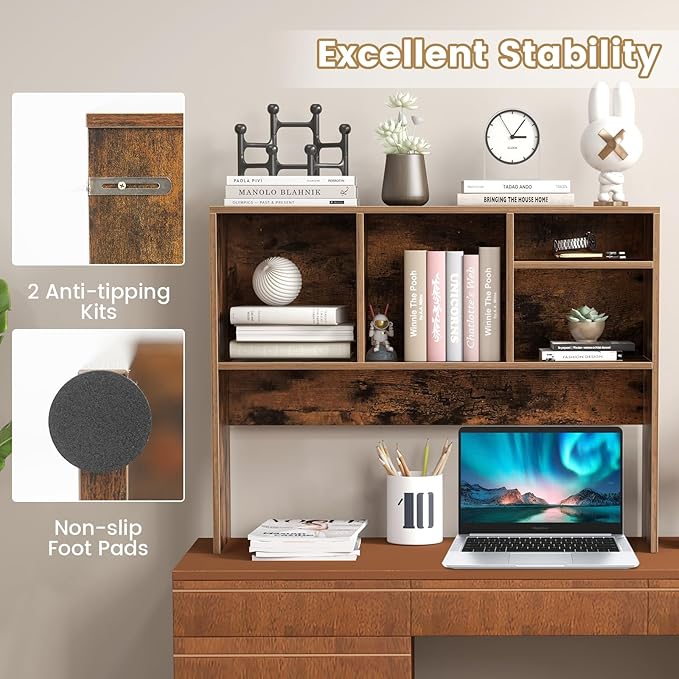 Desktop Bookshelf, 2-Tier Display Organizer Shelf Rack, Dorm Desk Hutch, Desk Shelf for Top of Desk, Multipurpose Wood Counter Top Bookcase for Office Home
