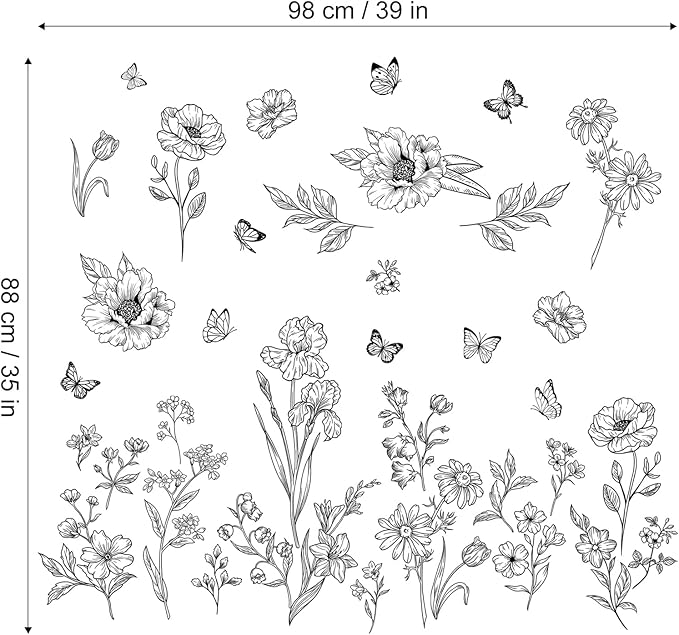 Boho Black Flower Wall Decals Wildflower Butterfly Simple Sketch Wall Stickers Removable Wall Art Decor for Living Room Bedroom