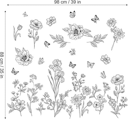 Boho Black Flower Wall Decals Wildflower Butterfly Simple Sketch Wall Stickers Removable Wall Art Decor for Living Room Bedroom