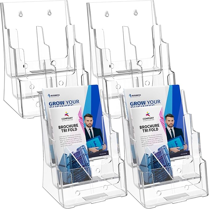 MaxGear Brochure Holder 3 Tier 8.5x11 inch with Removable Divider for 4x9 inch Acrylic Literature Display Stand Clear Plastic Flyer Holder Wall Mount or Countertop Use for Pamphlets, Booklets, 4 Pack