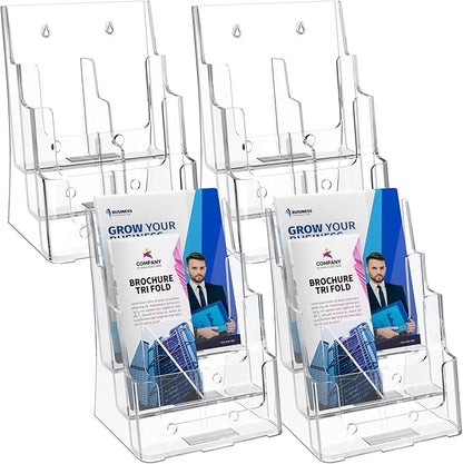 MaxGear Brochure Holder 3 Tier 8.5x11 inch with Removable Divider for 4x9 inch Acrylic Literature Display Stand Clear Plastic Flyer Holder Wall Mount or Countertop Use for Pamphlets, Booklets, 4 Pack