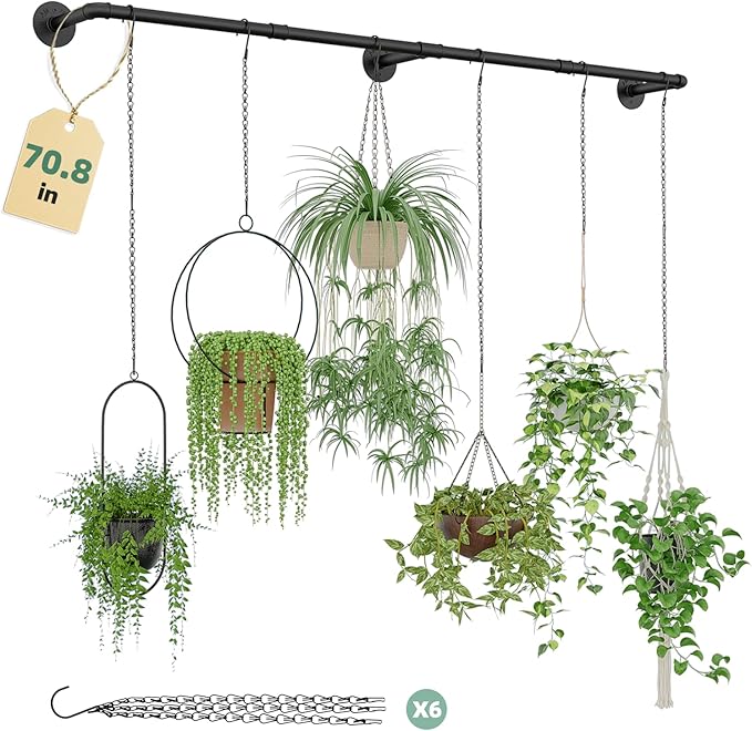Plant Hanger Indoor with 6 Hanging Chains Hanging Planters for Indoor Plants Hanging Plant Holder Window Plants Rod Black Metal Shelves(70.8 Inch Pot not Included