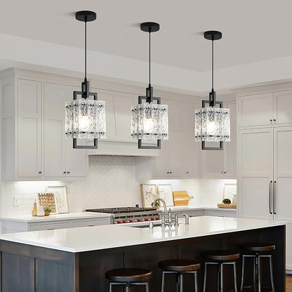 Modern Pendant Lights Kitchen Island 2 Pack Matte Black Pendant Lights Water Ripple Glass Square Pendant Lighting Over Island Hanging Pendant Light Fixtures for Kitchen Dining Room Hallway Foyer