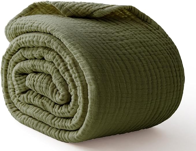 100% Cotton Muslin Blanket Queen 90" x 90", Breathable and Lightweight Cotton Throw Blanket for Bed, Soft Cooling Summer Gauze Blanket for Adults All Season, Olive Green