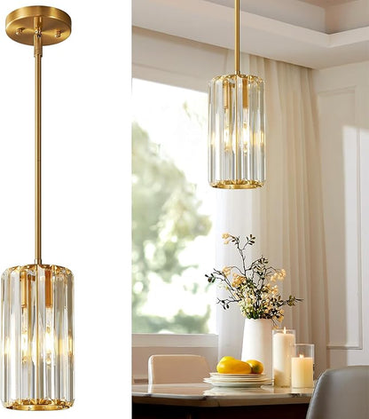 Gold Pendant Lighting Modern Pendant Light Mini Crystal Chandeliers Adjustable Pendant Light Fixture for Kitchen Island Dinning Room Corridor Bedroom (Gold 1-Light)