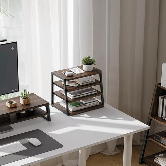 Fenge Desk Shelf Organizer, 4 Tier Desktop Shelf, Wood and Metal Office Shelves, Corner File Organizer for Office Supplies, Top of Desk Organizers and Accessories