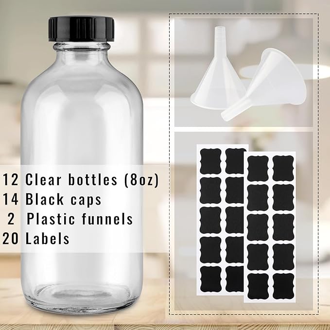 12 Pack 8 oz Clear Glass Bottles, 240ml Boston Round Sample Bottles with Black Poly Cone Caps, Labels and Funnels