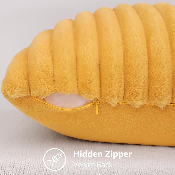 decorUhome Faux Fur Spring Throw Pillow Covers 12x20 Set of 2, Decorative Soft Plush Striped Lumbar Neutral Couch Pillow Covers with Velvet Back for Sofa, Bed, Living Room Home, Mustard Yellow