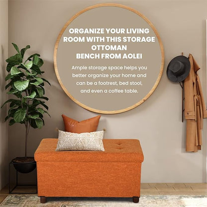 30 Inches Storage Ottoman Bench, Storage Bench with Wooden Legs for Living Room Ottoman Foot Rest Removeable Lid for Bedroom End of Bed, Linen Fabric, Orange
