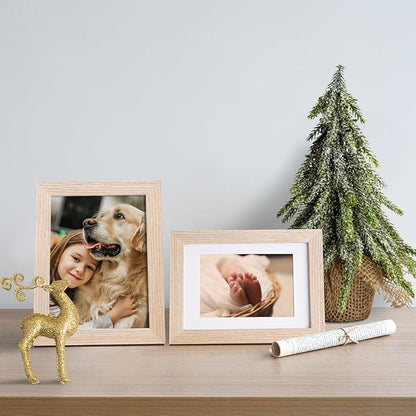 KINLINK 6x8 Picture Frame Natural, Solid Wood Frames with Acrylic Plexiglass for Pictures 4x6 with Mat or 6x8 without Mat, Tabletop and Wall Display Photo Frame, Set of 4