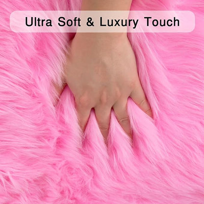 duduta Hot Pink Faux Sheepskin Throw Rug 2x3 ft, Fluffy Shag Girls Bedside Dorm Rug Fur Seat Chair Covers Washable